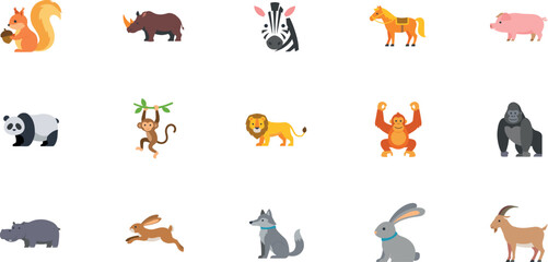 Fototapeta premium Cute flat design animal icon set containing wild safari wildlife zoo domestic farm animals illustrations isolated on white background.