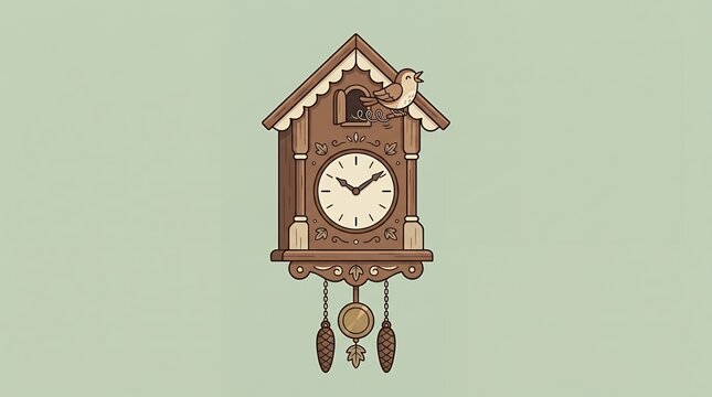 Traditional Wooden Cuckoo Clock Illustration with a Cute Singing Bird and Hanging Pendulum Weights on Plain Background