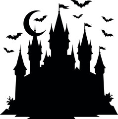 Fototapeta premium Haunted Castle Silhouette with Spires, Flying Bats, and Crescent Moon for Halloween Design