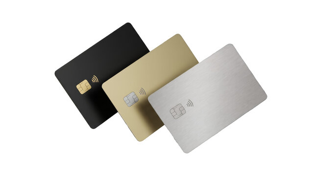 Blank credit cards in black gold and silver mockups isolated on transparent background