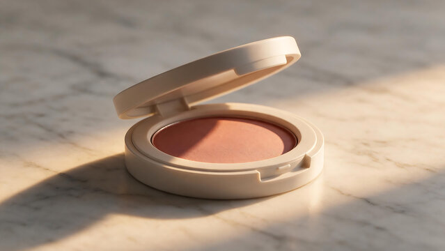 Open Round Blush Compact with Coral Powder on Marble Surface, Luxury Makeup Product Mockup