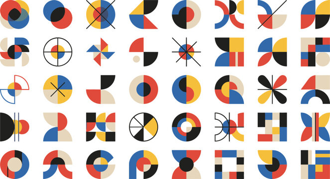 Bauhaus Geometric Abstract Icon Set Featuring Colorful Swiss Graphic Shapes Retro Circles Squares Lines and Mid Century Modern Design Elements