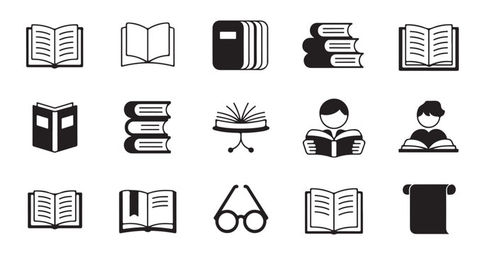 Educational book icon set featuring reader silhouettes glasses and stacked library volumes for students.