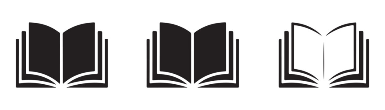 Open book icon set, reading literature education symbol various page styles glyph solid outline vector.