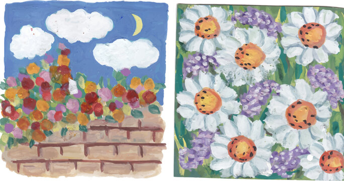 Garden Wall with Flowers and Crescent Moon Illustration