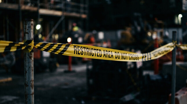 Yellow Restricted Area Caution Tape at Night Construction Site