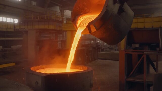 Molten steel pouring in glowing foundry with flying sparks