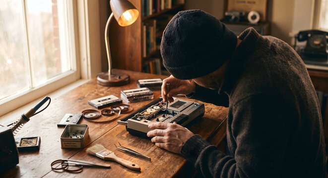 Man repairing vintage cassette recorder at electronics workbench