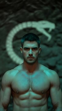 Powerful muscular man standing in front of snake symbol on dark wall with fierce expression