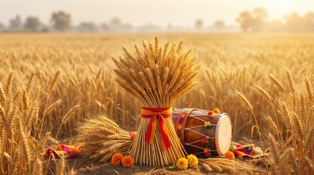 A bundle of golden wheat stalks tied with a red and orange ribbon, positioned next to a traditional indian dhol drum in a vast, sunlit wheat field during the harvest season