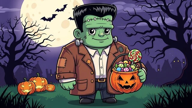 Cartoon frankenstein holding candy basket halloween night scene vector