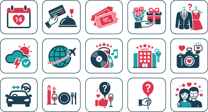 Romantic Date Planning Anniversary Icons Set Calendar 14 Restaurant Reservation Cinema Ticket Gift Flowers Outfit Weather Travel Hotel Photo Car Dinner