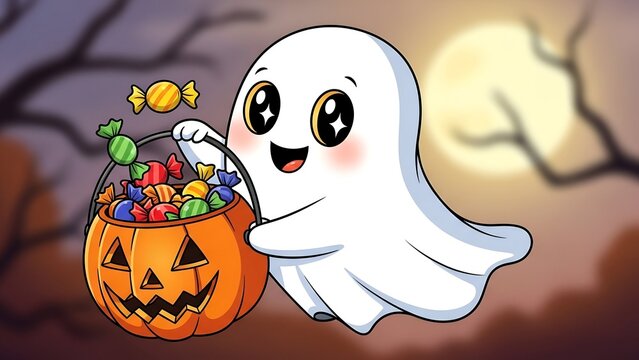 Cheerful cartoon ghost with candy basket halloween illustration