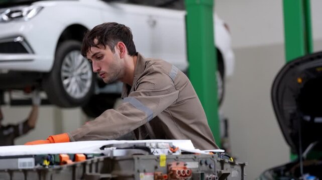 Electric vehicle technician inspecting EV battery module beside raised car in repair workshop