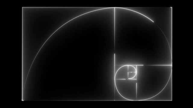 Neon Golden Ratio Fibonacci sequence golden number icon on  black background. Golden ratio spiral video. neon Fibonacci spiral golden ratio icon. 4k video and alpha channel