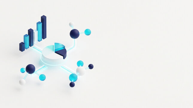 Isometric 3D render of data analytics pie chart bar graph and connected data nodes with copy space