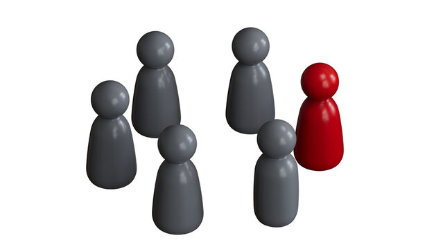 Red human figure surrounded by a circle of people. Leader Boss and leadership. Cooperation and teamwork. Outcast, hated opponent, criminal. Conviction. Discrimination and violence.