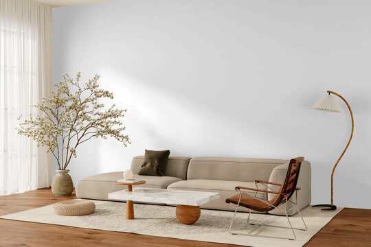 Contemporary Living Room Wall Mockup PNG with Beige Sectional Sofa and Leather Lounge Chair, Transparent Background, Soft Shadows