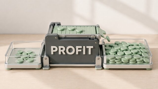 Profit counting machine with green tokens spilling from the sides, featuring a clear display and modern design on a wooden surface in a well-lit environment