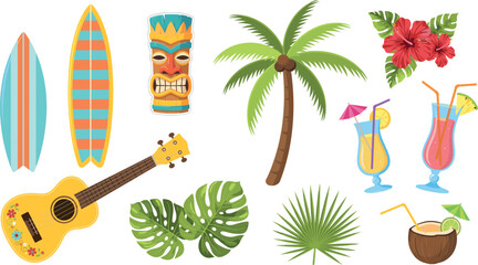 Tropical Hawaiian luau party vector icon set featuring tiki mask surfboard palm tree ukulele and exotic cocktail elements © MdAsif