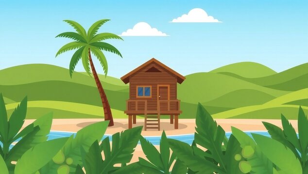 Tropical beach hut near lush landscape
