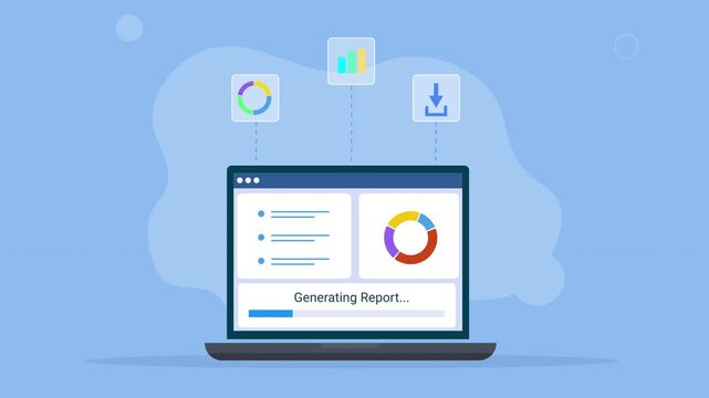 Modern flat vector animation showing a laptop with a report dashboard, circular chart, analytics icons, and download symbol, representing report generation, data analysis, business insights, and digit