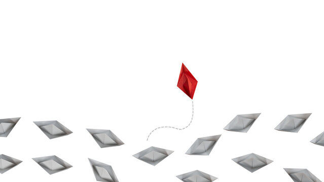 Group of paper boat in one direction and one individual pointing in different way. innovative solution for business concept.Supports PNG files with transparent backgrounds.