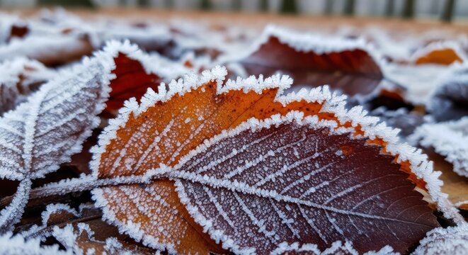 Frozen fallen leaves in autumn forest closeup