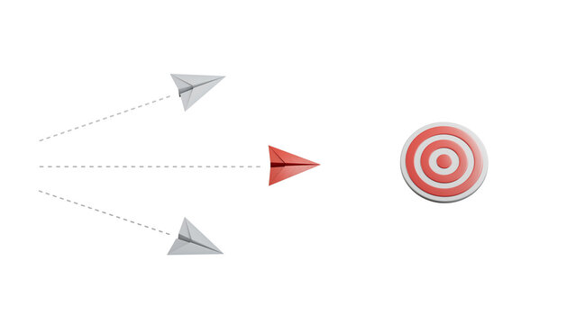 Red airplane flying towards target. The concept of leaderplane, achieving the goal. Success. risk management. New ideas creativity and innovative solution business concept.
