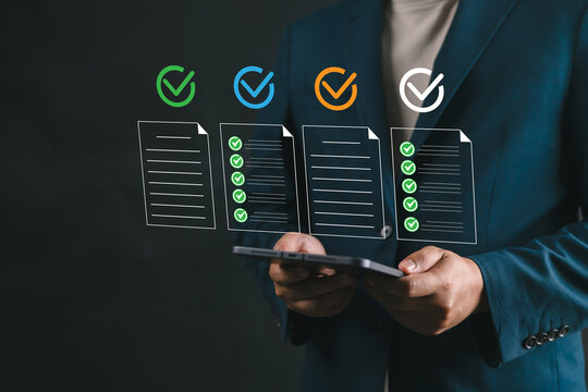 Businessman reviewing document approval process with automated workflow management, legal compliance, and digital business operations.