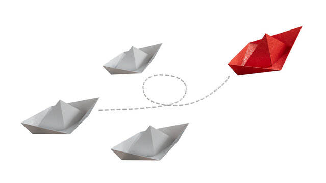 leader boat and paper boats.new ideas. paper art style. creative idea.Supports PNG files with transparent backgrounds.