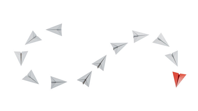 Individual red leader paper plane lead other. Business and leaderplane concepts.new ideas. paper art style. creative idea.Supports PNG files with transparent backgrounds.