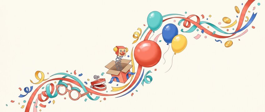 A festive featuring a jack-in-the-box, colorful balloons, winding ribbons, confetti, and chattering teeth toys on a light cream background, arranged in a dynamic diagonal flow