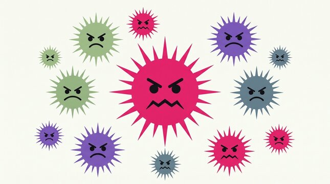 An illustration featuring various colorful, spiky cartoon microbes with angry facial expressions against a plain background.
