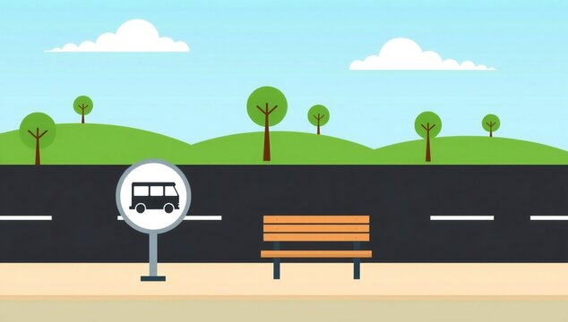 Scenic roadside bench with bus stop