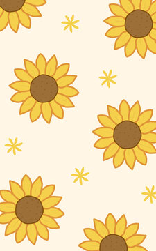 Cute seamless pattern with cartoon sun flowers and small stars on cream background. Bright yellow flower design, kawaii summer illustration, perfect for wallpaper, fabric, wrapping paper.