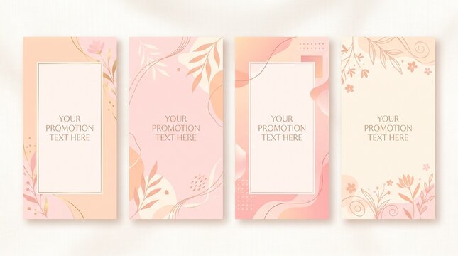 A set of four vertical promotion banner templates featuring pastel pink and beige tones, elegant abstract shapes, and delicate floral line art.
