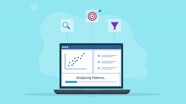 Modern flat vector animation showing a laptop with an analyzing patterns dashboard, data visualization, search, targeting, and filter icons, representing analytics, insights, and digital workflow.