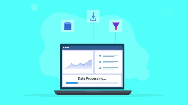Modern flat vector animation showing a laptop with a data processing dashboard, chart, download, database, and filter icons, representing data analysis, processing, and digital workflow.