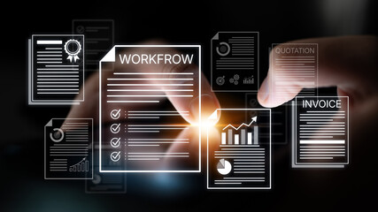 Naklejka premium Digital Workflow Management Concept with Interactive Documents and Charts Representing Invoice, Quotation, and Progress Tracking. Bitwise.