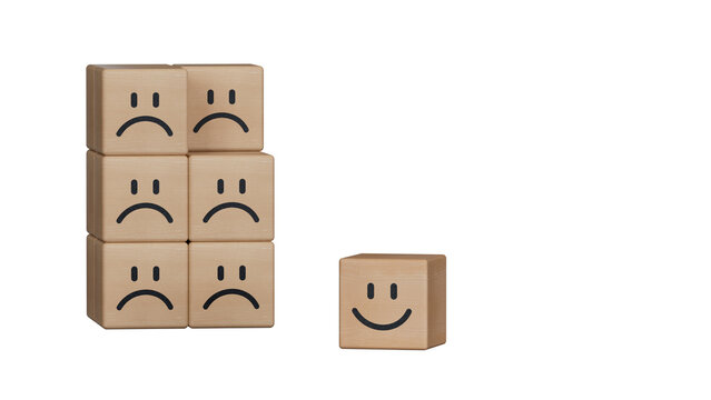 Smiley face on wooden cube.Wood cube with smile, normal and sad face. Facial expressions. Mental health assessment.Supports PNG files with transparent backgrounds.