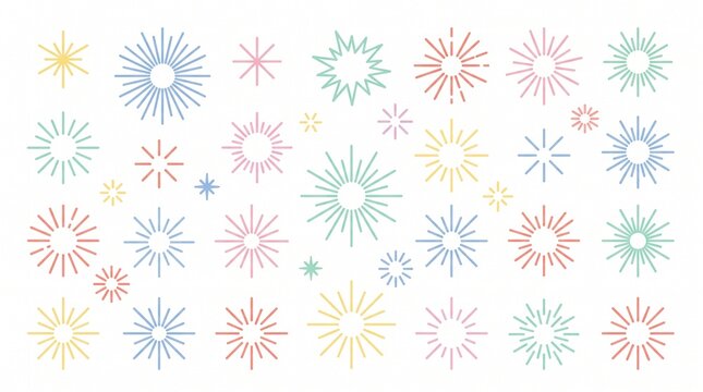 A collection of colorful pastel line art fireworks and starburst patterns on a white background.