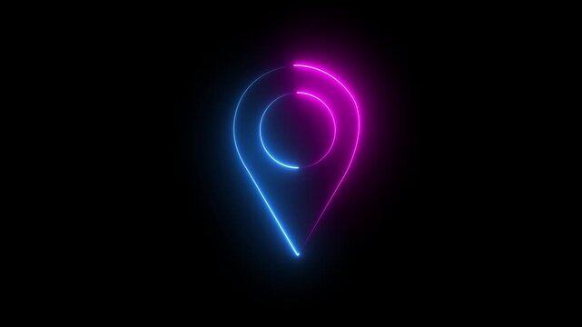 Abstract glowing neon location map icon fast tracking  pin icon animation on black background 4k