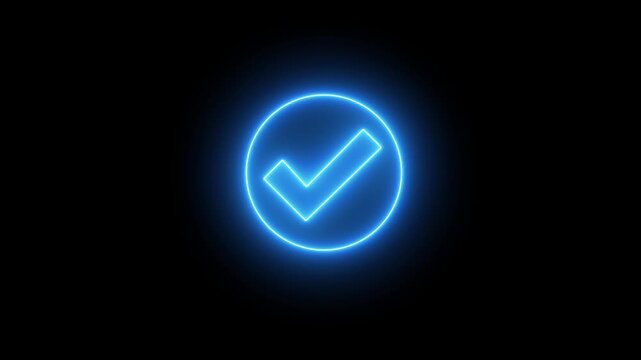 Glowing neon check mark icon animation, circle neon icon sign animation, Check mark sign icon animation on black background 4k motion video