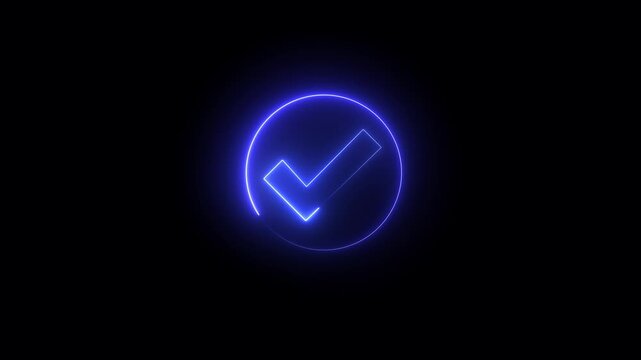 Glowing neon check mark icon animation, circle neon icon sign animation, Check mark sign icon animation on black background 4k motion video