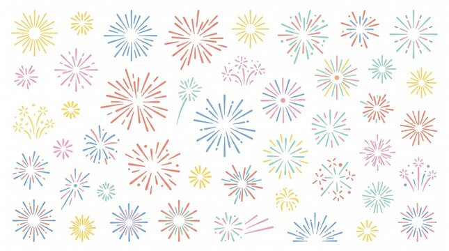 A colorful collection of hand-drawn fireworks and sparklers in various pastel shapes and sizes, set against a clean white background.