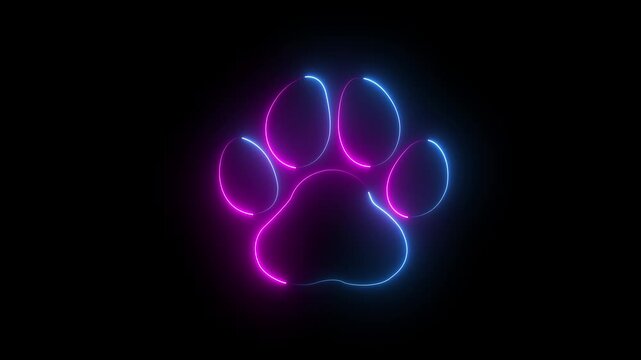 glowing neon animal foot icon. Predator footprint on a black background. glowing neon paw icon with alpha 4k