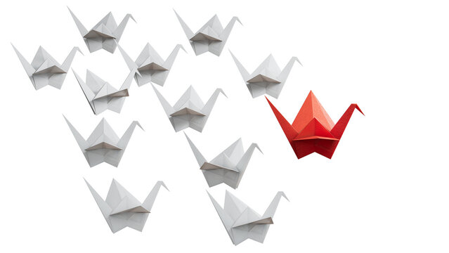 Different business concept.new ideas. paper art style. creative idea.red leader swan, standing out from the crowd of white swans.Supports PNG files with transparent backgrounds.