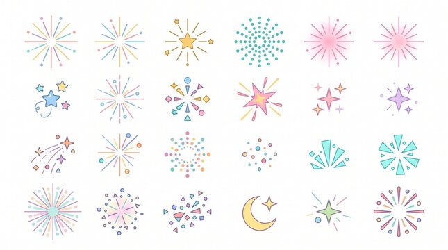 A collection of colorful pastel icons featuring fireworks, sparkles, stars, and celebratory elements in a flat design style. 