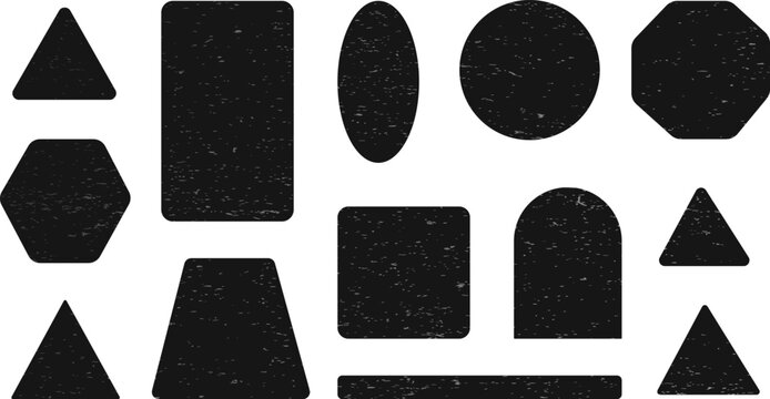 Black Grunge Textured Geometric Shapes Set with Basic Frame Label Silhouettes
